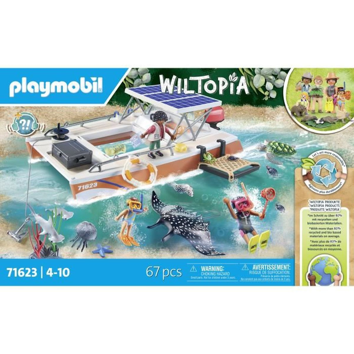 Set Playmobil Wiltopia con barca, personaggi, vita marina e pannelli solari. Include avvertenze.