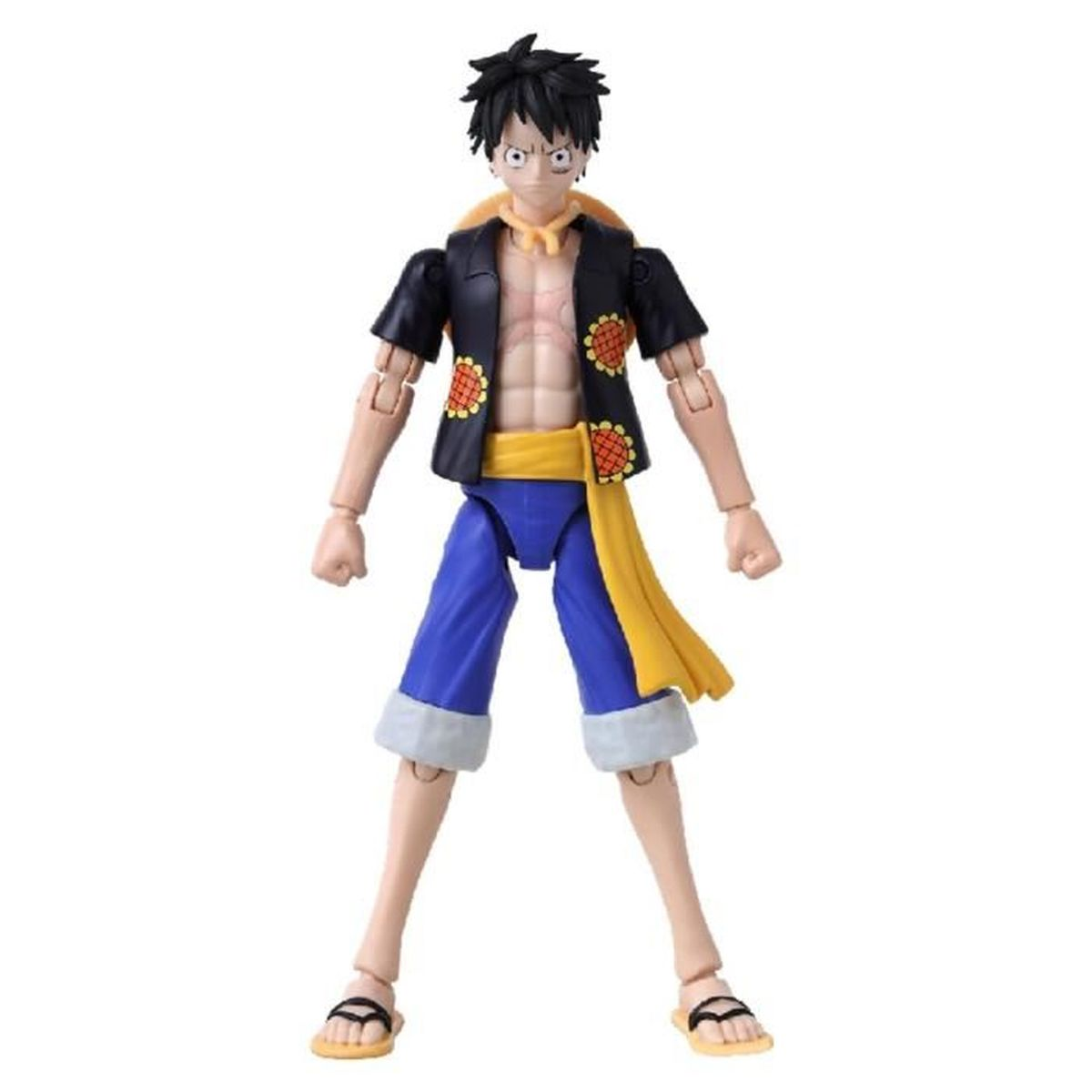 Figurka Luffy'ego z One Piece. Nosi czarną otwartą kurtkę, niebieskie spodnie i sandały. Żółty pas i kołnierz.