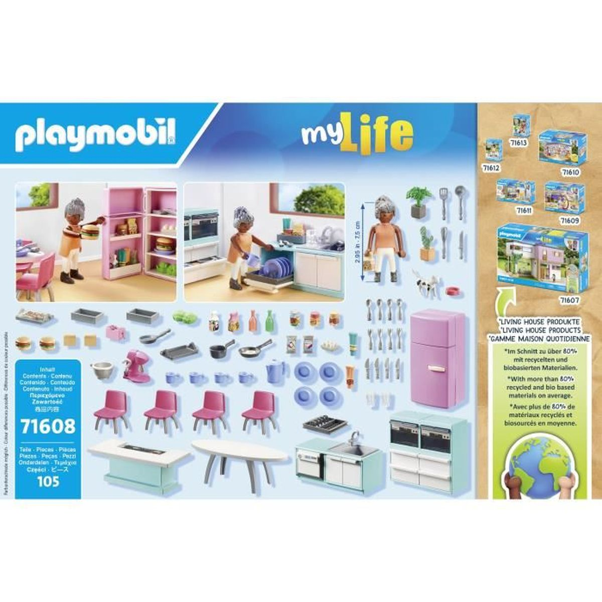 Playmobil-Küchenset mit Figuren, Möbeln und Zubehör. Enthält einen rosa Kühlschrank und verschiedene Miniaturartikel.