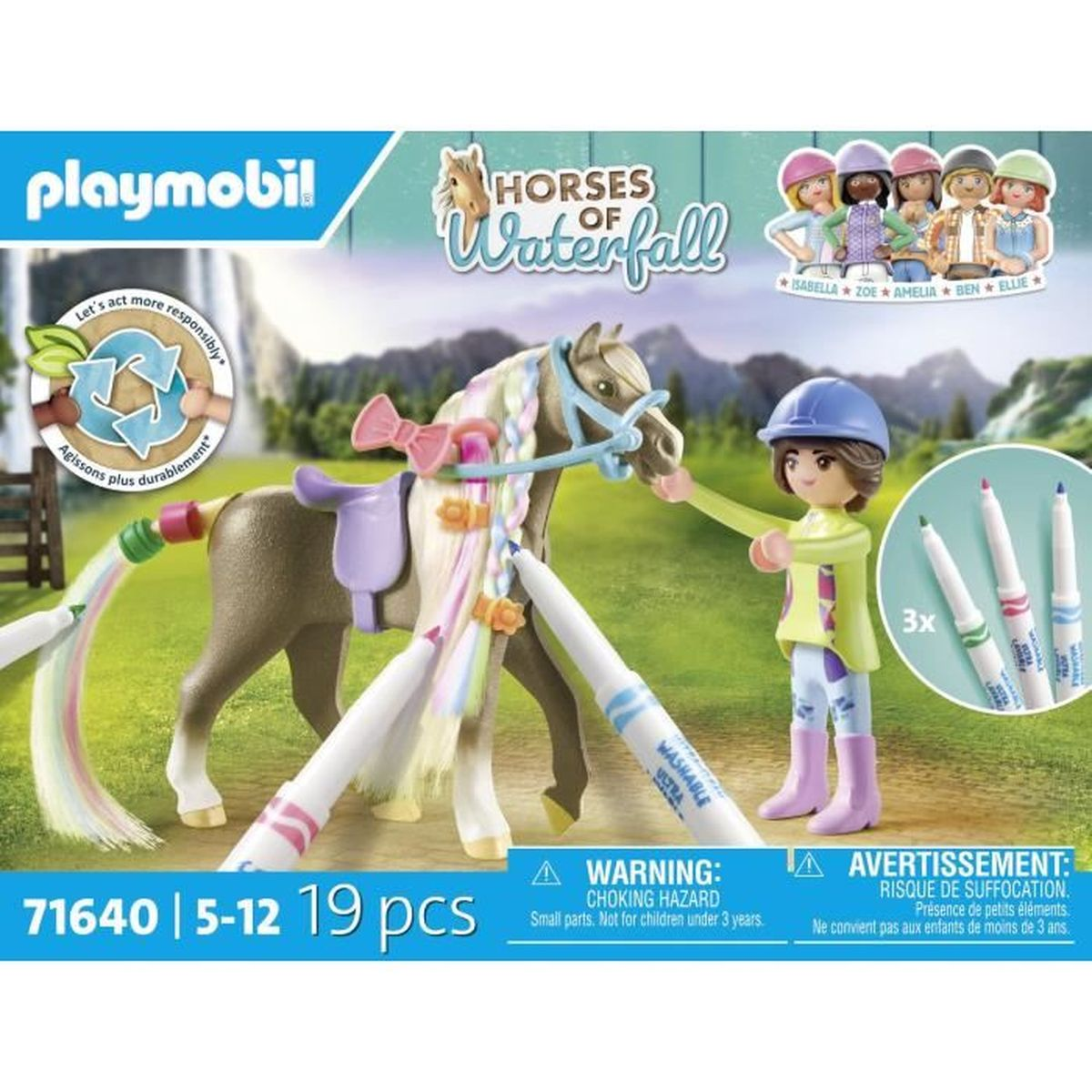 Set Playmobil con un cavallo colorato da una figura. Include pennarelli e un'etichetta di avvertimento.