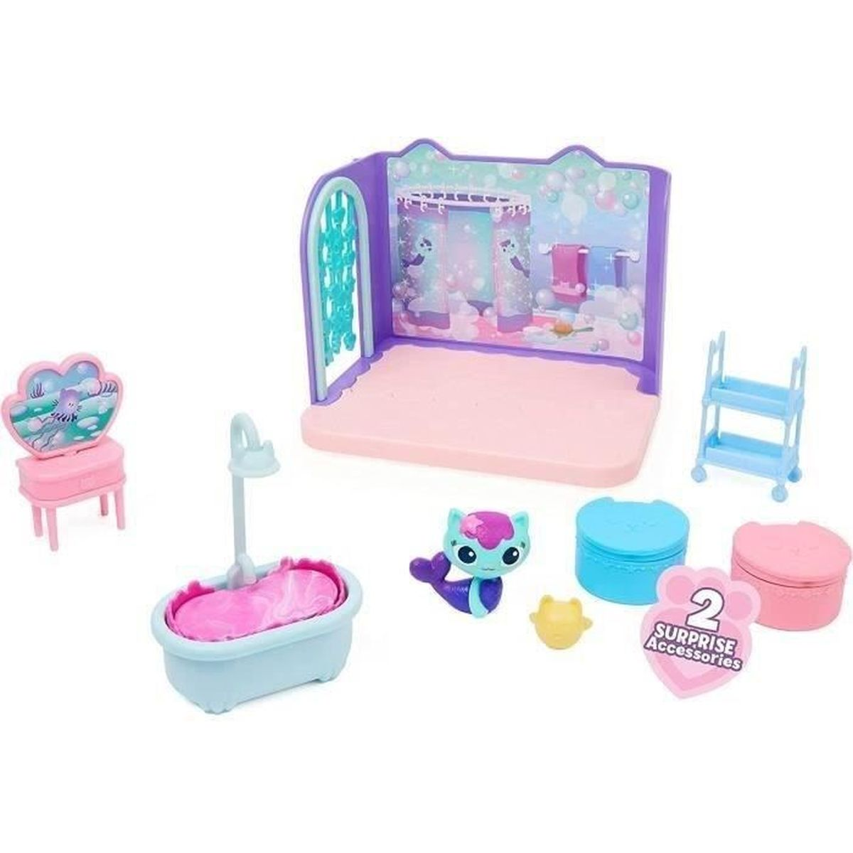 Ein Puppenhaus-Badezimmer-Set mit Badewanne, Meerjungfrau, Dusche und Überraschungszubehör.
