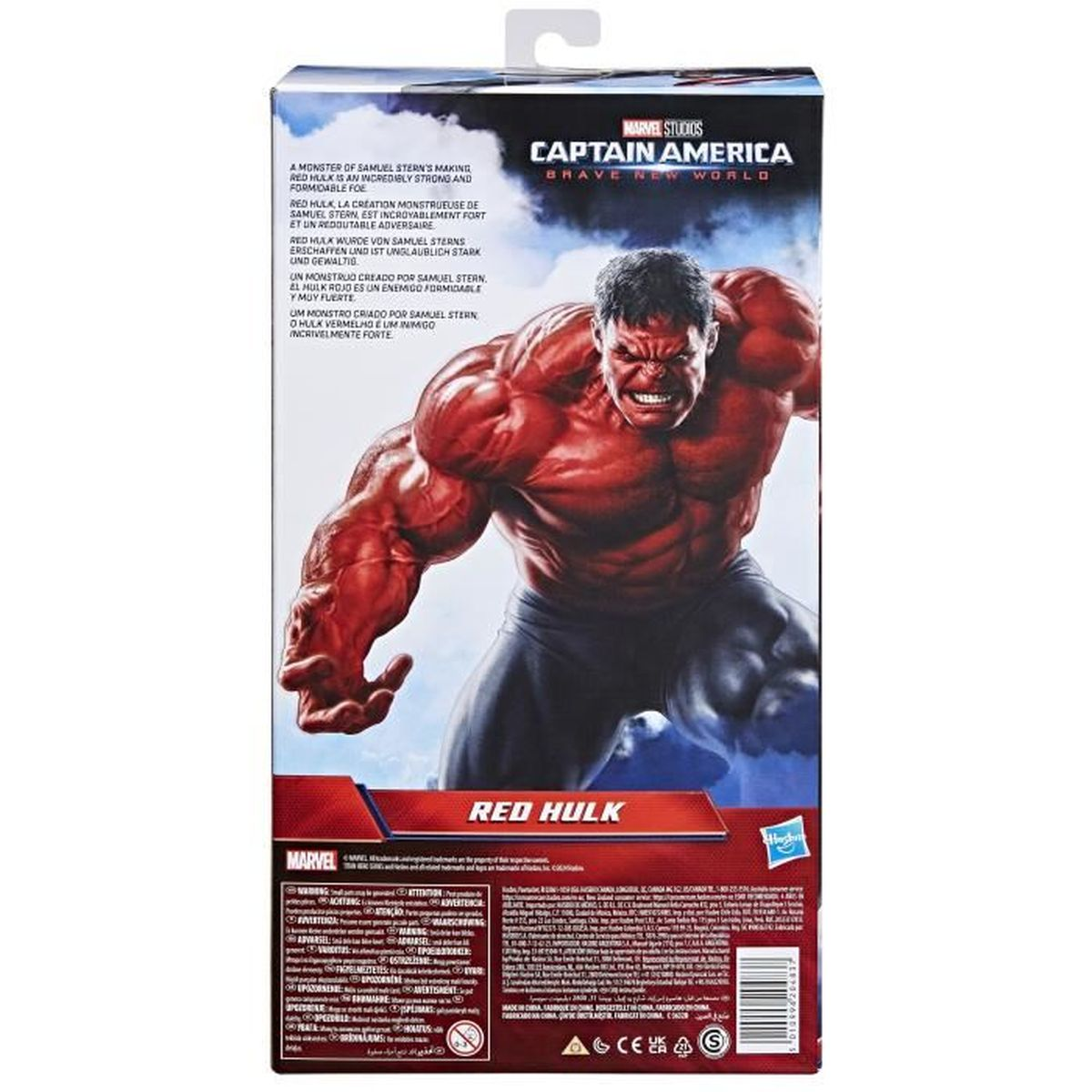 Figura de Red Hulk en caja de Capitán América. Piel roja, cara enfadada, cuerpo musculoso. Texto de fondo en varios idiomas.