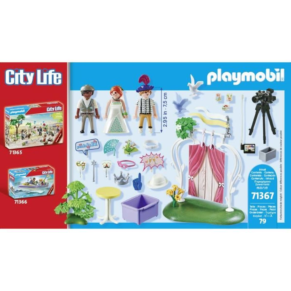 Zestaw Playmobil City Life. Zawiera figurki, akcesoria i scenę. Pudełka pokazują szczegóły zestawu i numery produktów.