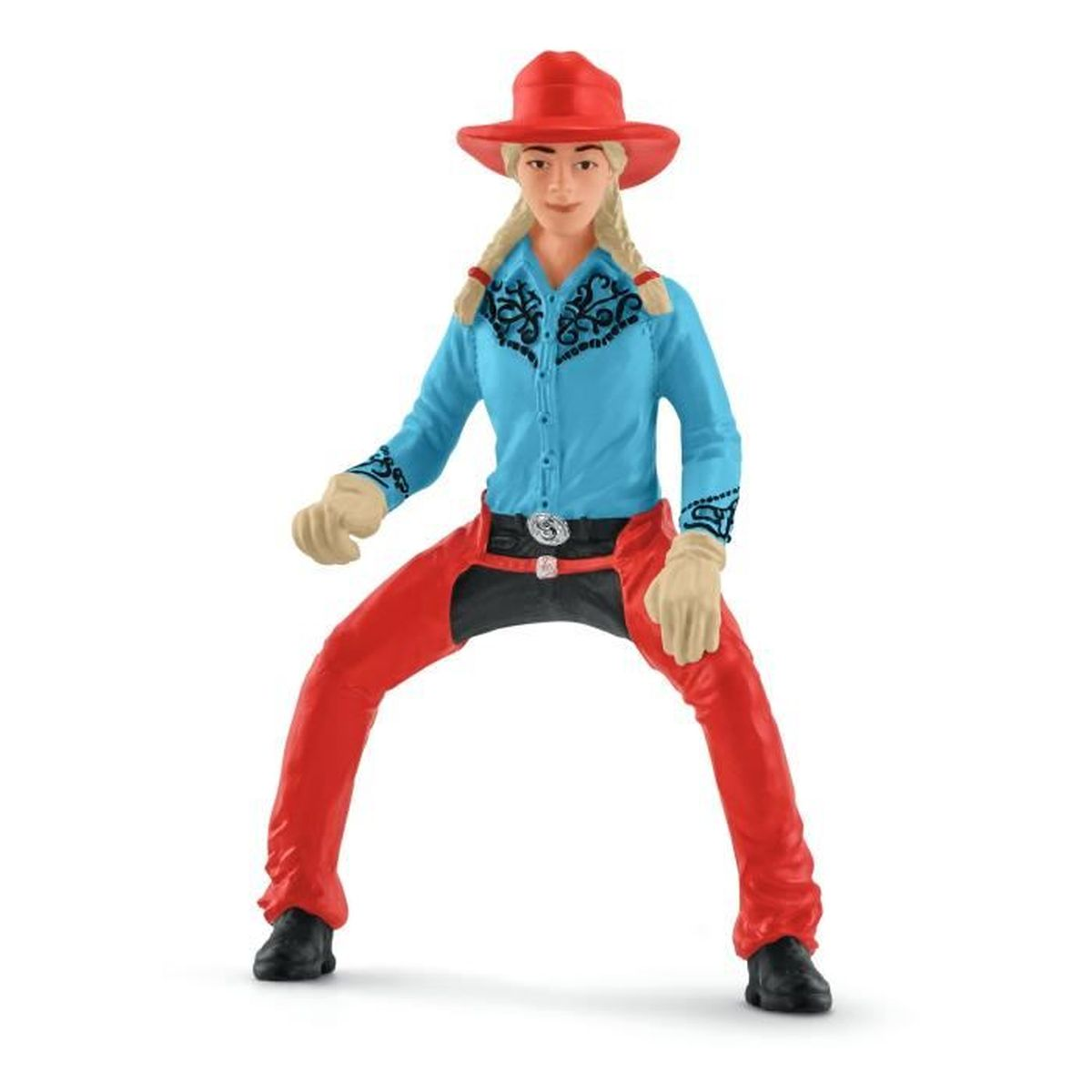 Eine Cowgirl-Figur mit rotem Hut und Hose, blauem Hemd und beigefarbenen Handschuhen. Sie befindet sich in einer dynamischen Pose mit gespreizten Beinen.