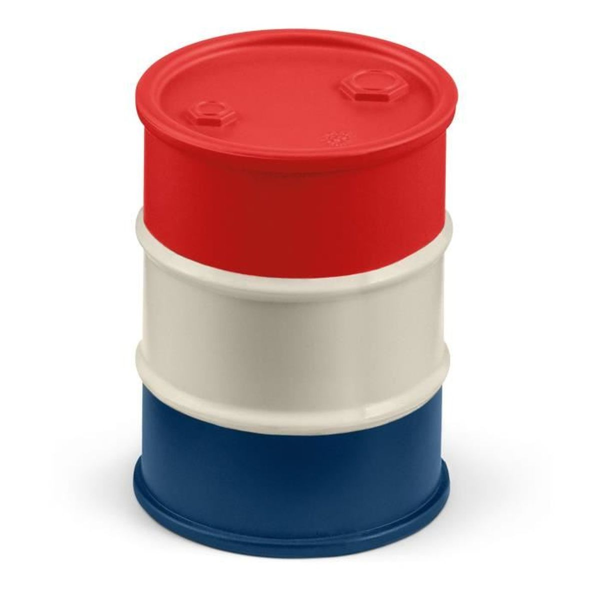 Ein farbenfrohes Fass, roter Deckel, weißer Mittelteil und blauer Sockel, das einer Flagge ähnelt. Es ist zylindrisch und steht auf einer weißen Oberfläche.