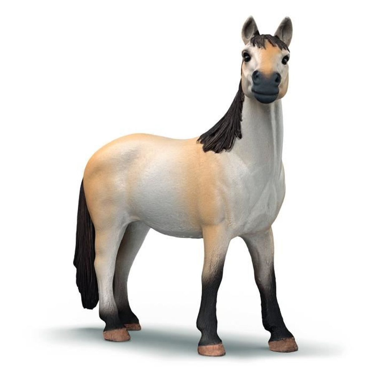 Una statuetta di cavallo, con corpo marrone chiaro, criniera e zampe nere e volto chiaro, su sfondo bianco.