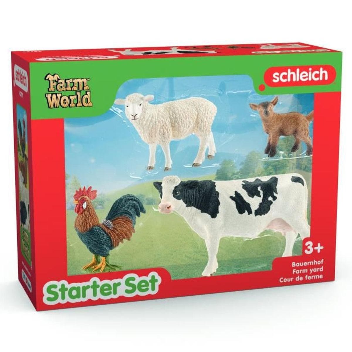 Coffret avec animaux de la ferme jouets : mouton, chèvre, vache et coq. La boîte est rouge et verte, avec la marque Schleich.