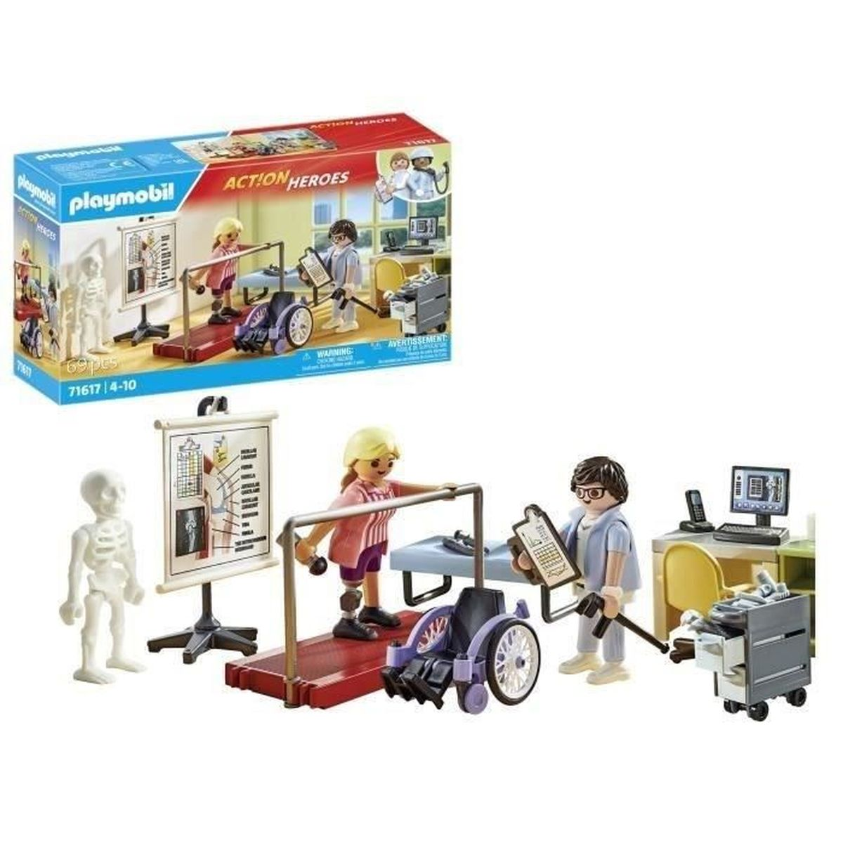 Set Playmobil Action Heroes. Le figure includono un medico, un paziente, uno scheletro e una sedia a rotelle.