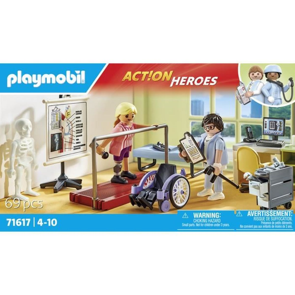 Set Playmobil Action Heroes. Personaggi in uno studio medico con sedia a rotelle, attrezzature per esercizi e grafici medici. Include un modello di scheletro.