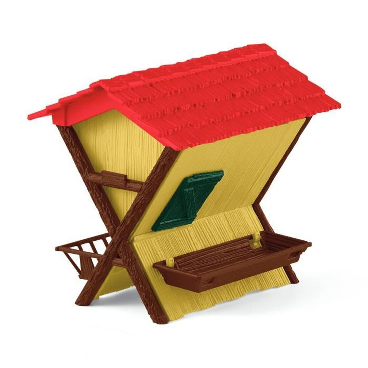 Ein Spielzeug-Vogelhaus mit rotem Dach, gelben Wänden, braunen Stützen, einem grünen Fenster und einer braunen Futterablage.