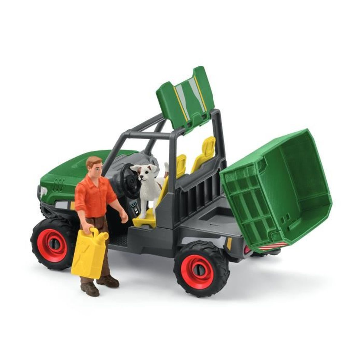 A toy farmer with a gas can stands next to a green and black toy truck with a dog. The truck bed is open.