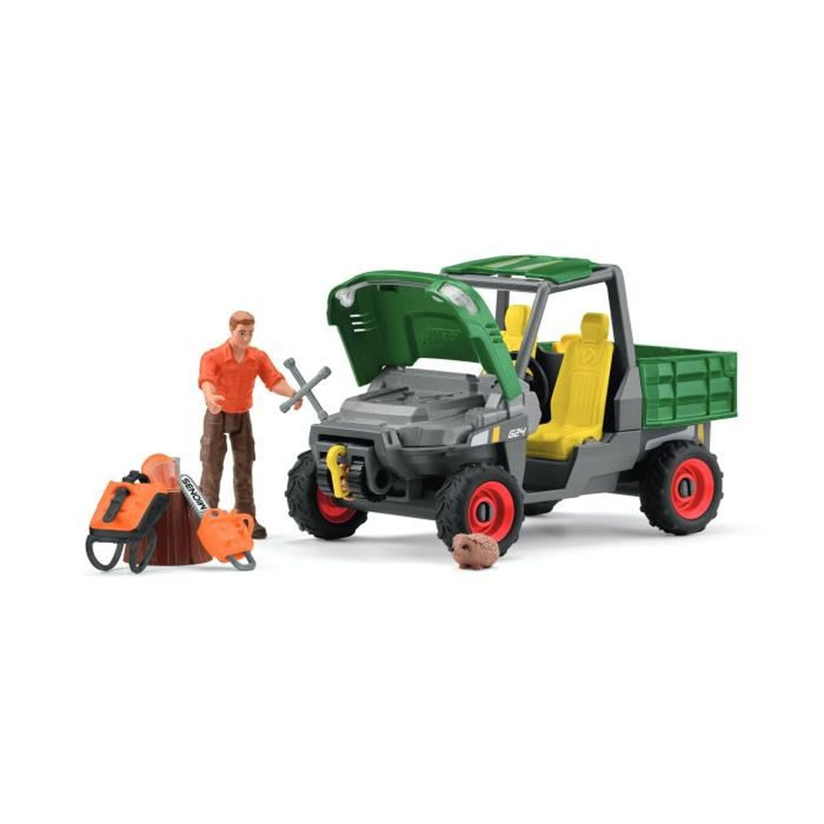 A toy scene shows a man with tools near a truck with an open hood. A chainsaw and a small animal are also present.