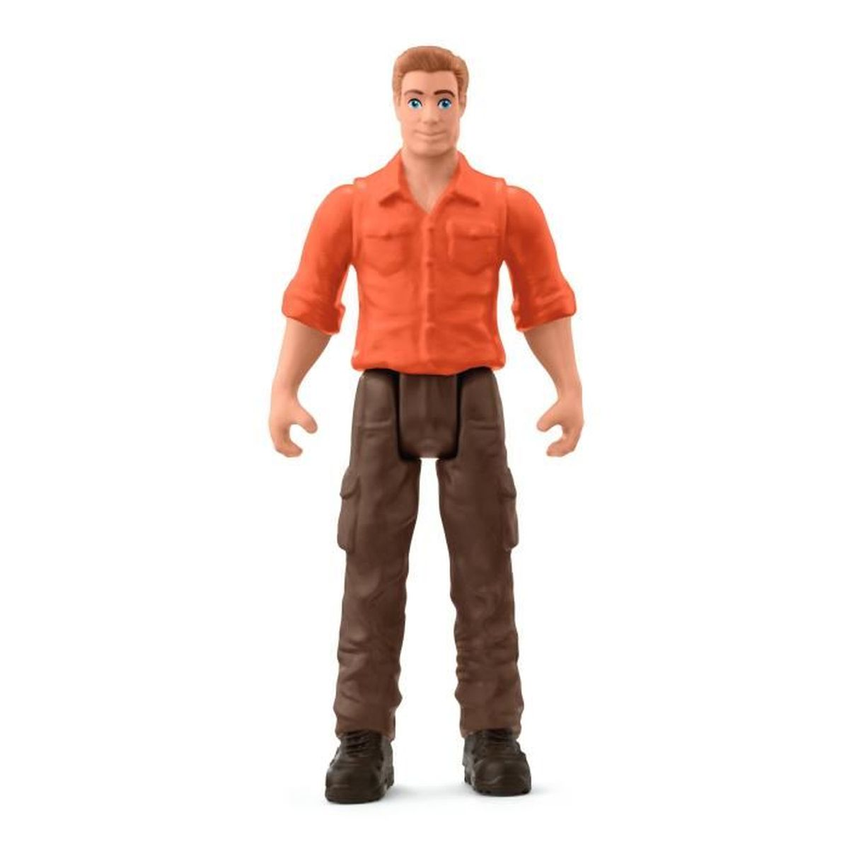 A plastic toy figure of a man. He wears an orange shirt and brown pants. He has brown shoes, fair skin, and light brown hair.