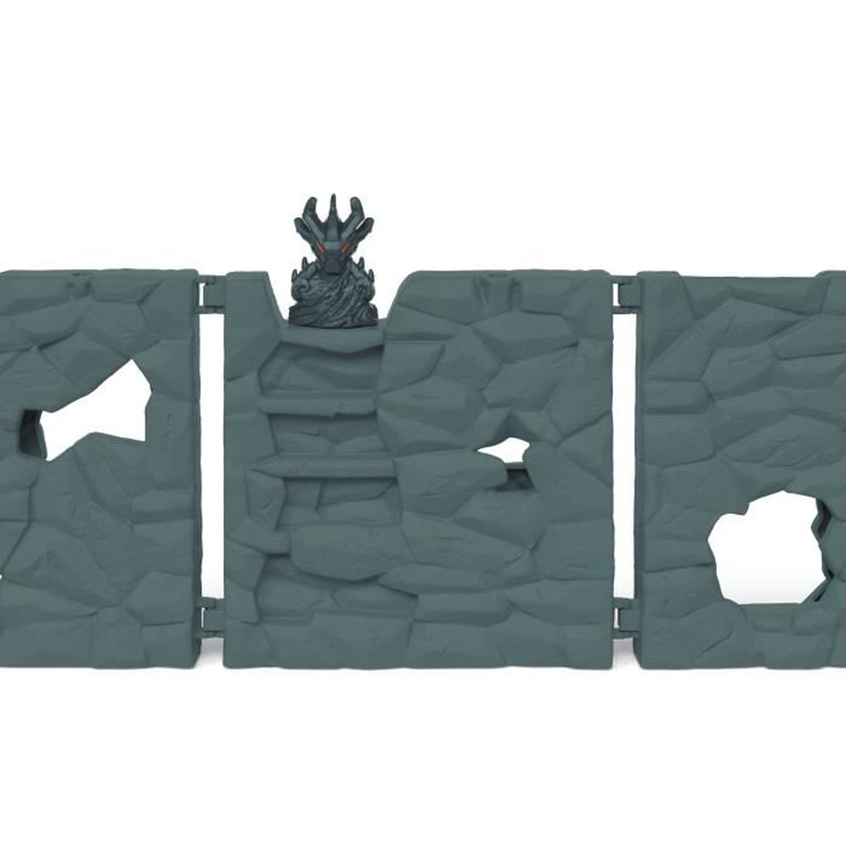 Eine graue Steinmauer mit einer kleinen Drachenstatue. Die Mauer hat Löcher und ist segmentiert.