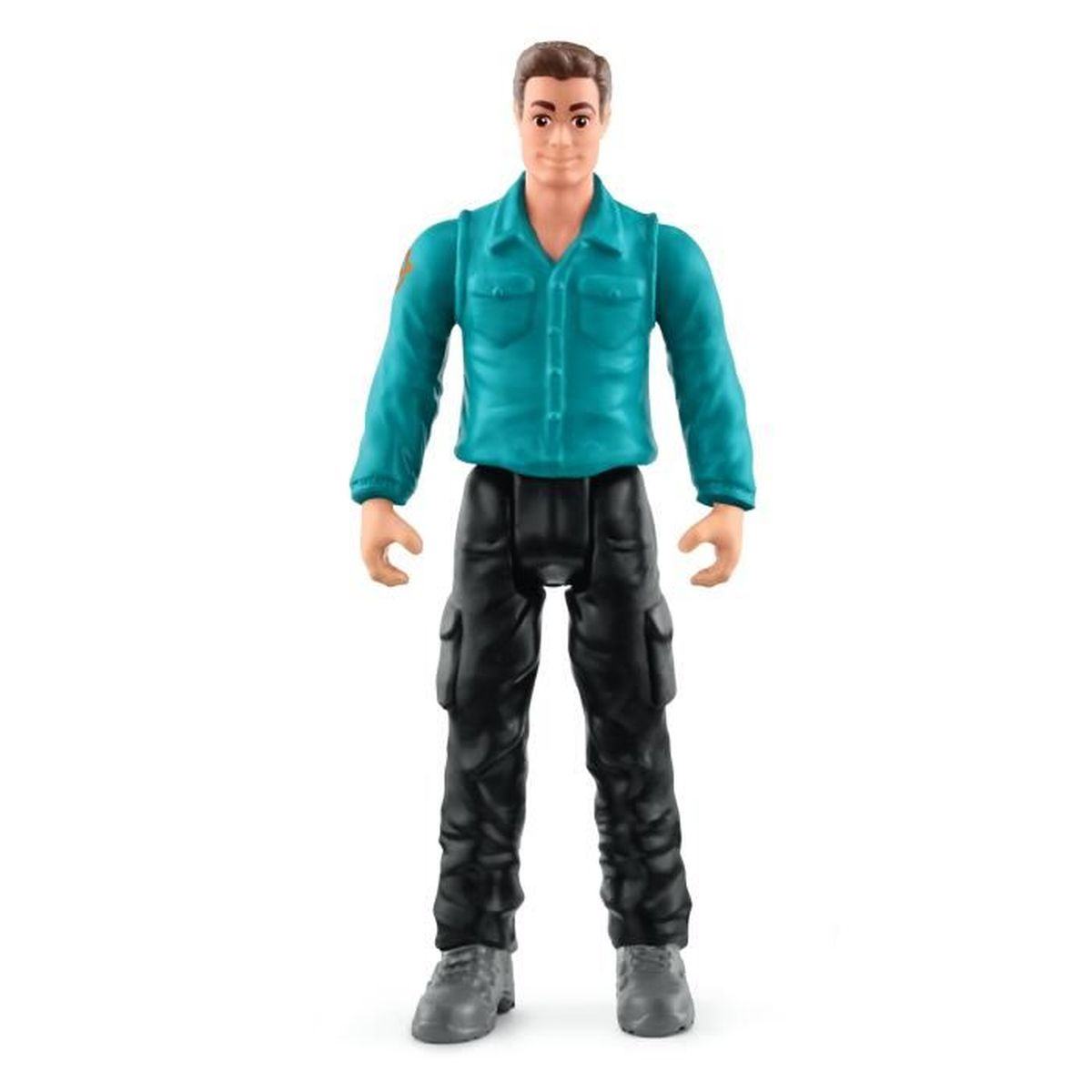 Una figura giocattolo di un uomo con una camicia verde acqua e pantaloni neri è in piedi di fronte. La figura ha i capelli castani e scarpe grigie.