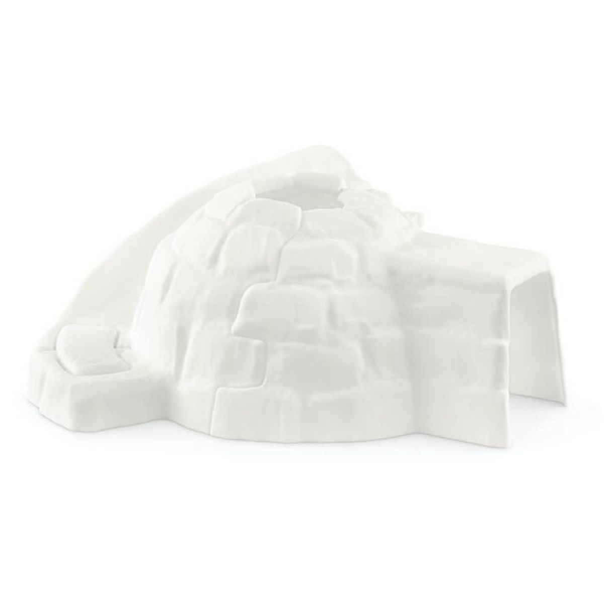 Una struttura di igloo bianca con la parte superiore arrotondata e un ingresso. L'igloo ha un motivo a mattoni strutturato e poggia su una superficie bianca.
