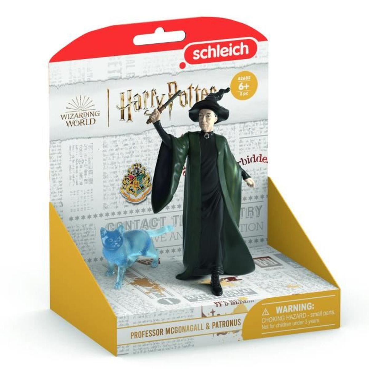 Un set di giocattoli di Harry Potter con la professoressa McGonagall e un gatto Patronus, all'interno della sua confezione, un prodotto Schleich.