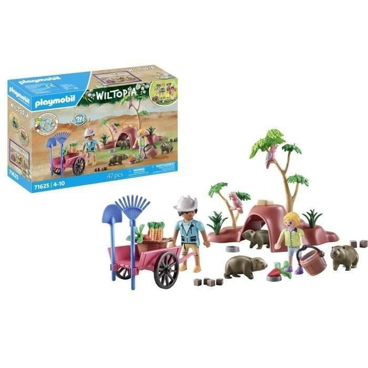 Set Playmobil Wiltopia. Include personaggi, carrello, animali e alberi. La scatola mostra la scena. I personaggi sono davanti.