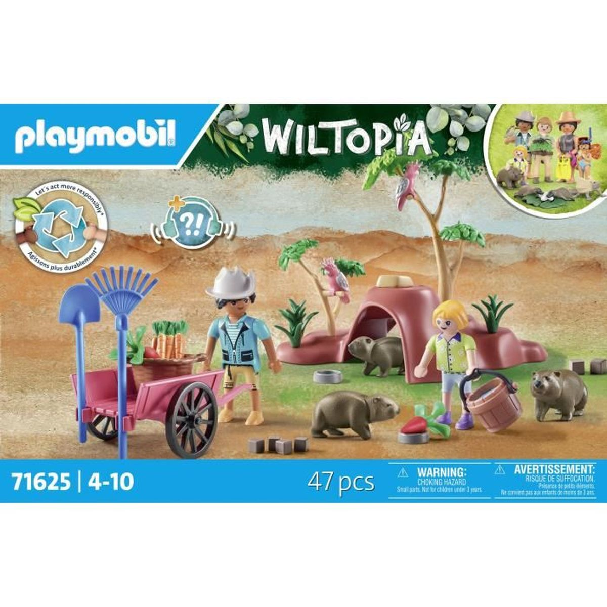Set Playmobil Wiltopia. Include personaggi, animali, carrello e accessori. Presenta una scena di fattoria con un bambino e animali.