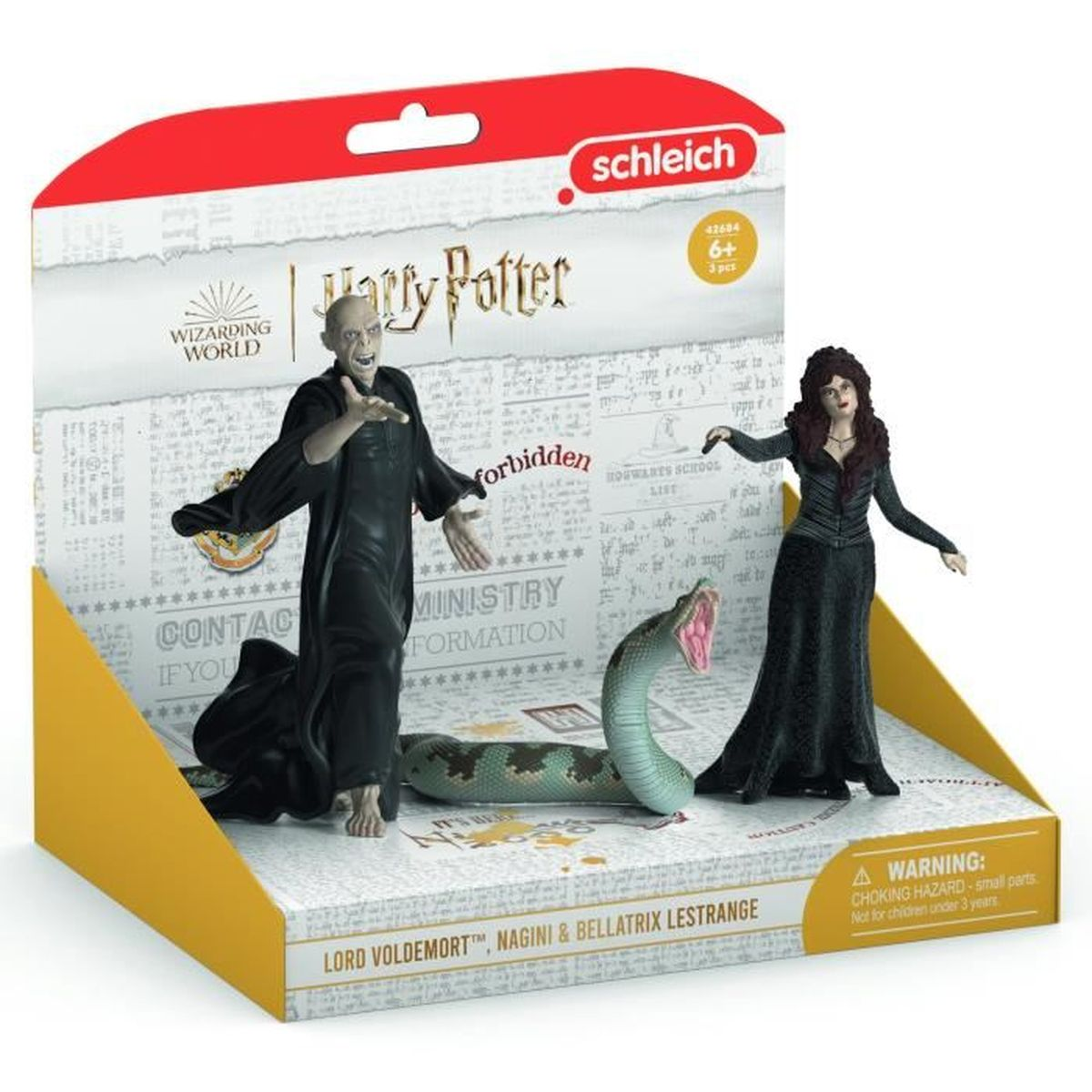 Un set di giocattoli di Harry Potter. Include le figure di Lord Voldemort, Bellatrix Lestrange e un serpente. La confezione è visibile.