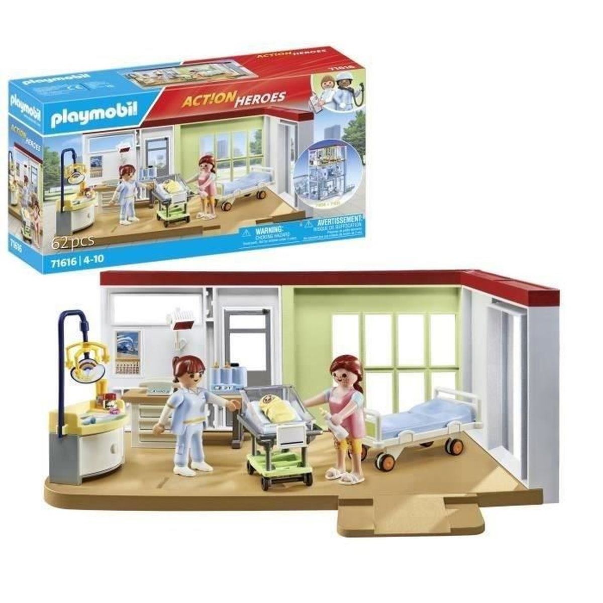 Set ospedale Playmobil. Personaggi di medici e pazienti. Include letti, attrezzature mediche e un bambino in una culla, il tutto all'interno di una stanza d'ospedale.