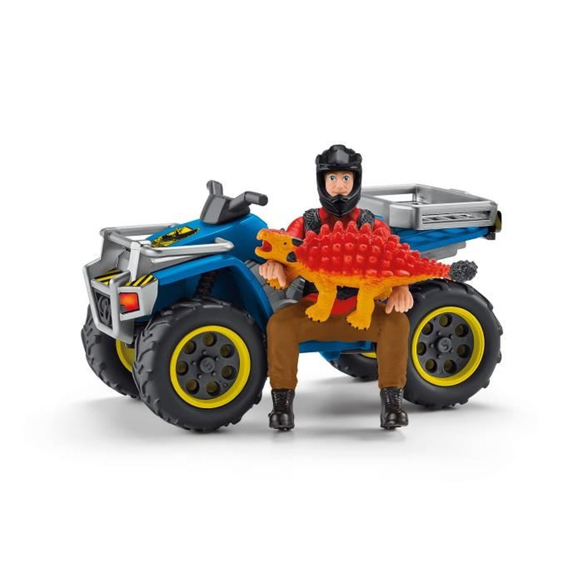 Une figurine est assise sur un quad, tenant un dinosaure jouet. Le quad est bleu, le dinosaure orange et jaune.