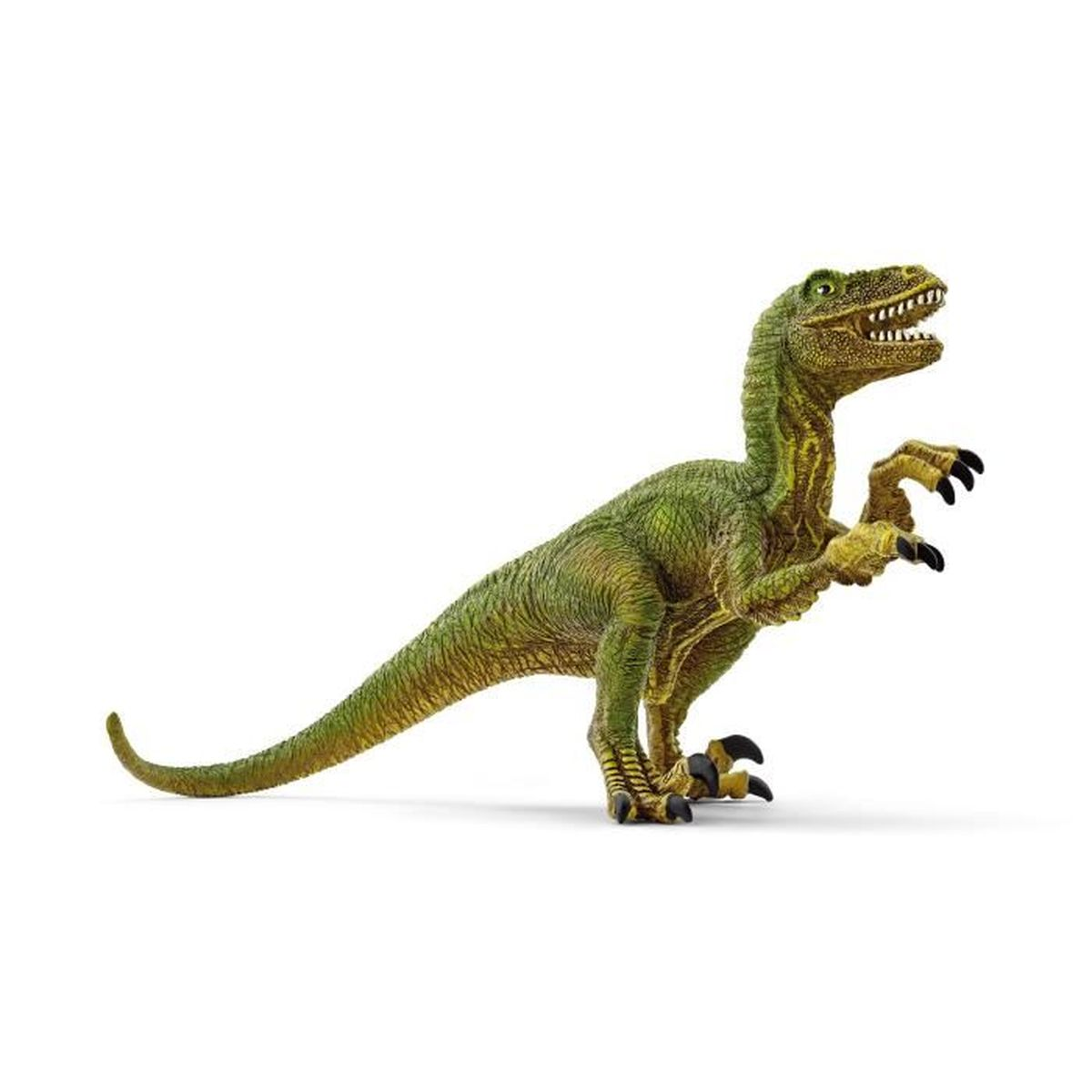 Un jouet dinosaure vert et jaune sur fond blanc. Il a des griffes et des dents acérées, et est en position de prédateur.