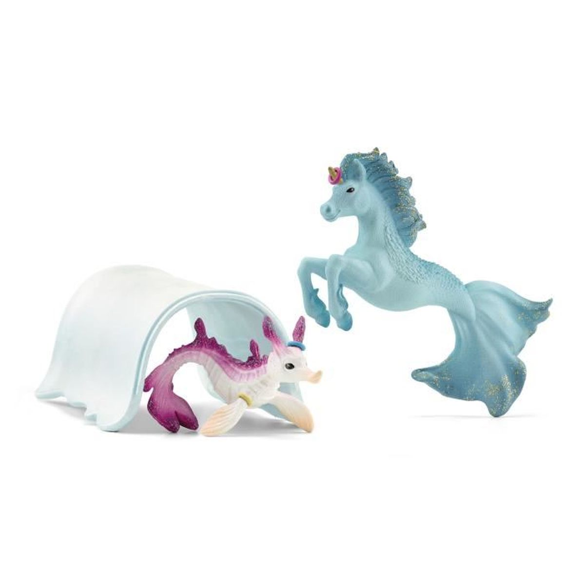 Zwei Spielfiguren: ein Seepferdchen und ein Einhorn. Das Seepferdchen ist weiß und lila, das Einhorn hellblau, beide mit goldenen Akzenten.