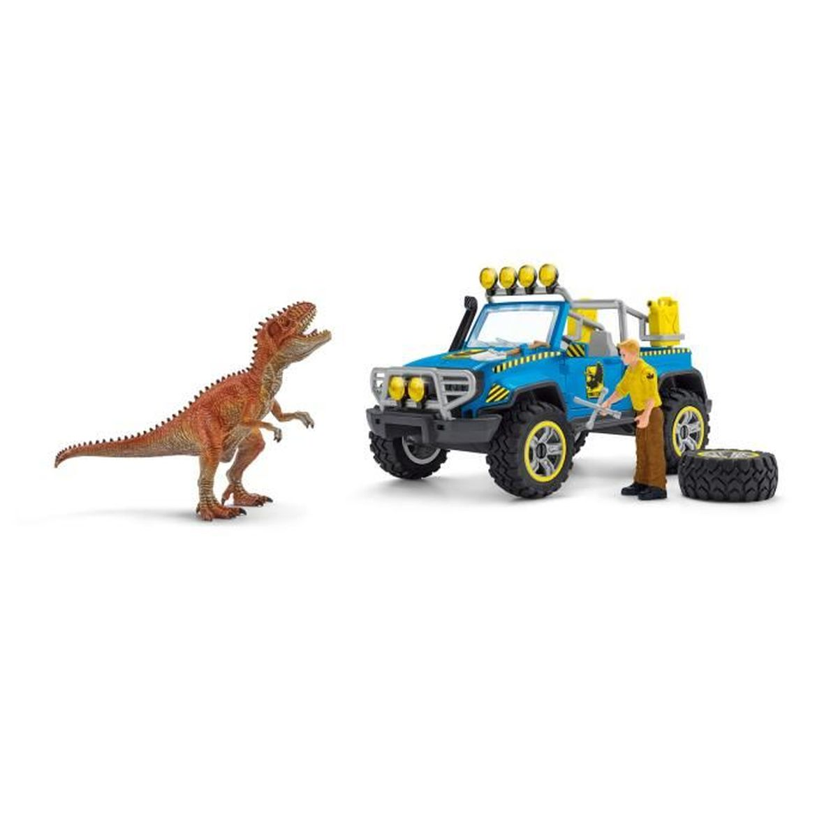 Un dinosauro arancione di fronte a una jeep blu con una figura. La jeep ha una ruota di scorta e una persona. Sfondo bianco.