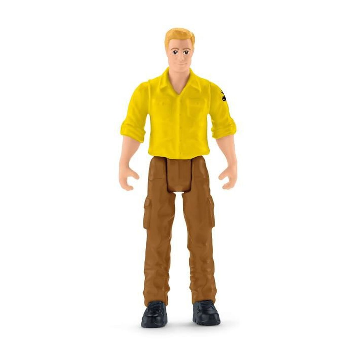 Una figurina di un uomo con una camicia gialla e pantaloni marroni, con scarpe nere, su sfondo bianco.