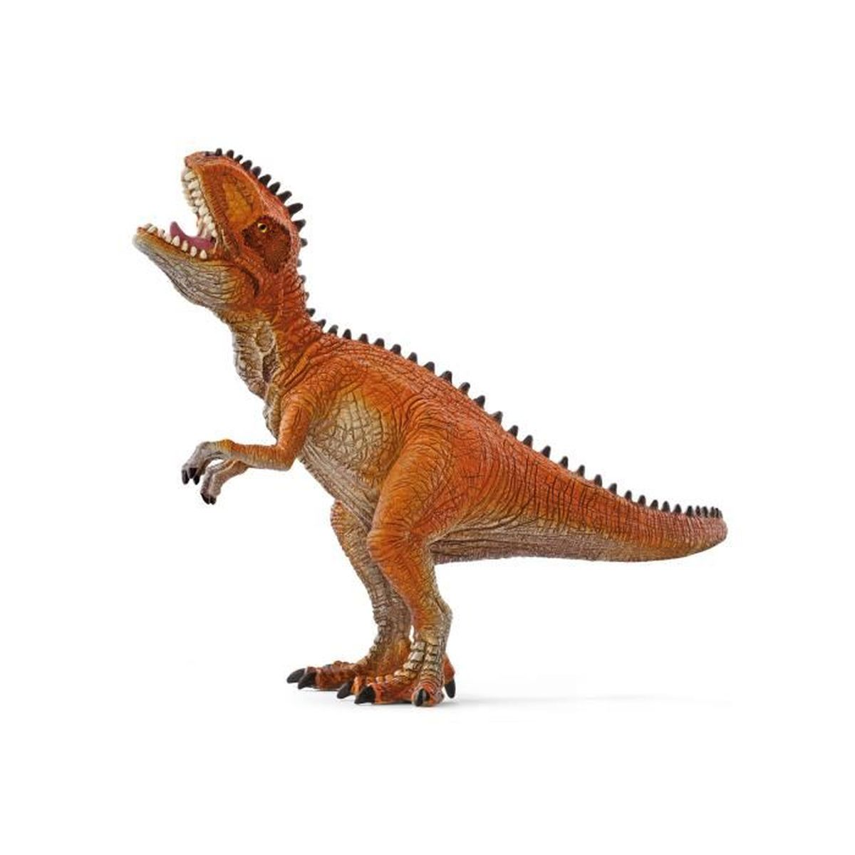 Un giocattolo di dinosauro arancione con la bocca aperta è su uno sfondo bianco. Ha punte nere lungo la schiena e la coda.