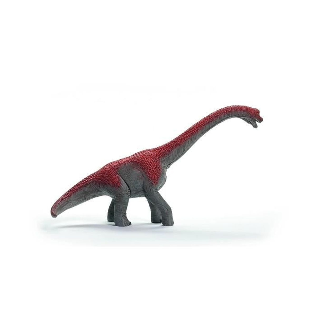Un giocattolo di Brachiosaurus rosso e grigio è su una superficie bianca. Il dinosauro ha un collo e una coda lunghi.