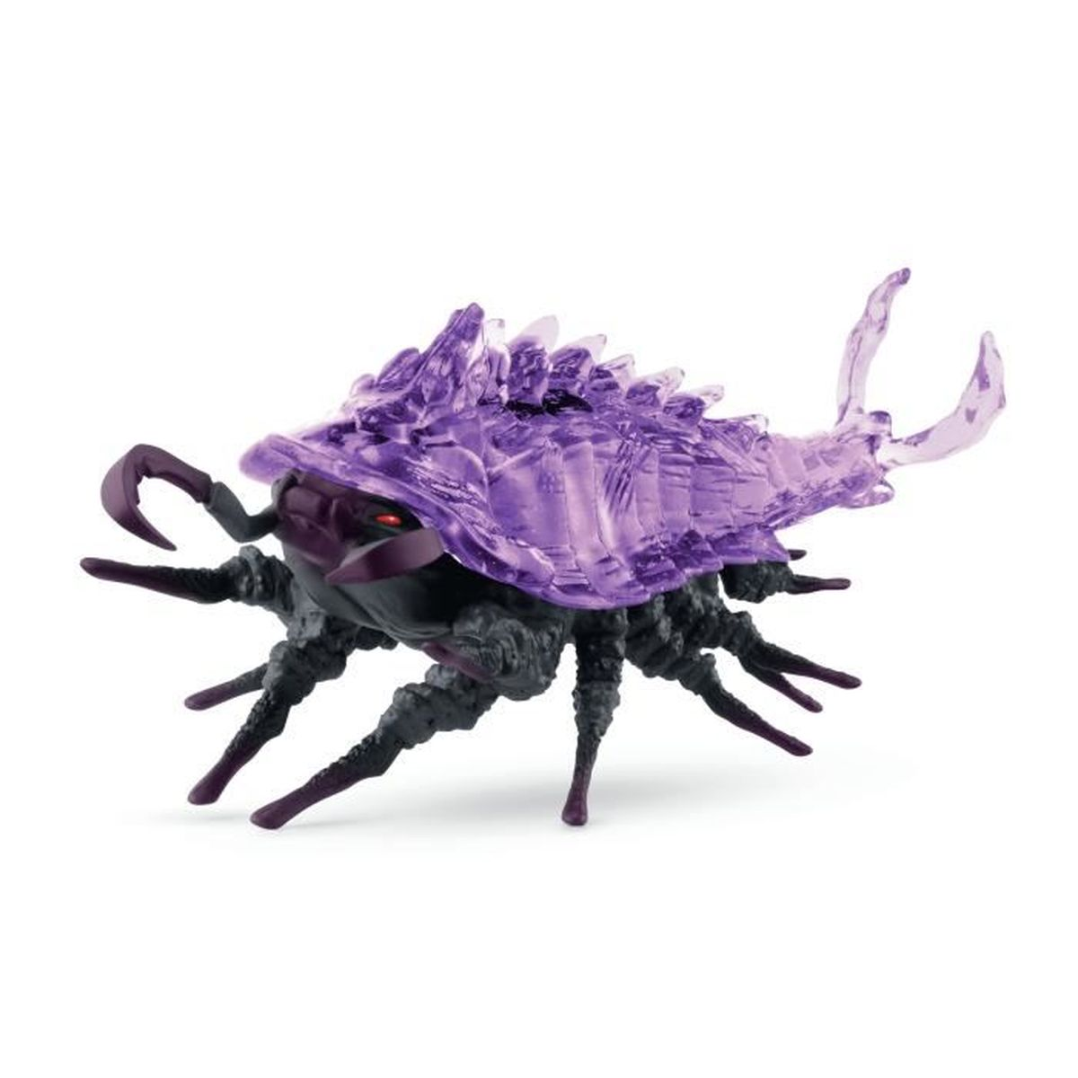 Ein Spielzeug-Insektenwesen mit einem lilafarbenen Kristallpanzer und mehreren Beinen. Es hat einen dunklen Körper und zwei gebogene Antennen.