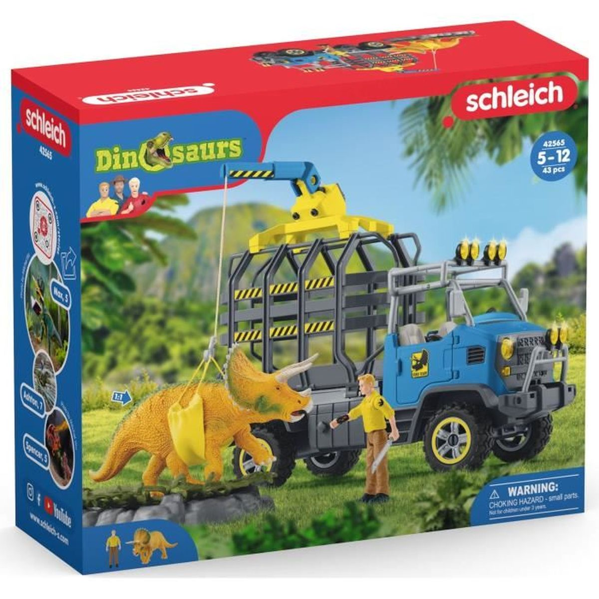 A toy set of dinosaurs. Triceratops being transported in a cage on a blue truck. Box with 'Dinosaurs' on it.
