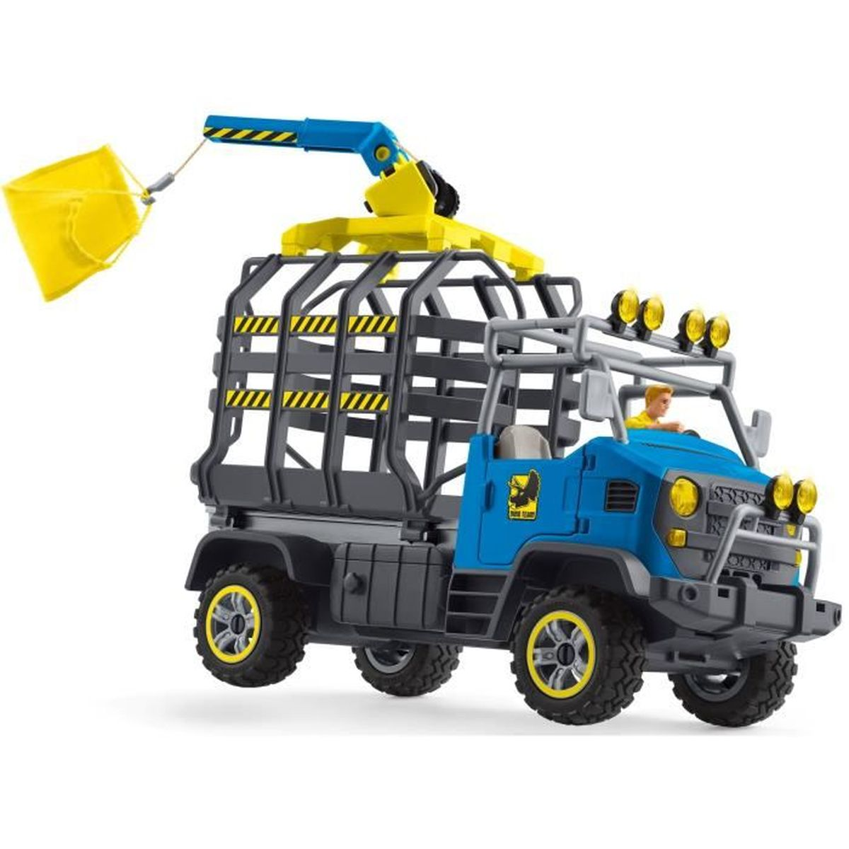 A blue and gray toy truck with a yellow crane and cage. A yellow bucket hangs from the crane. A figure sits in the driver's seat.