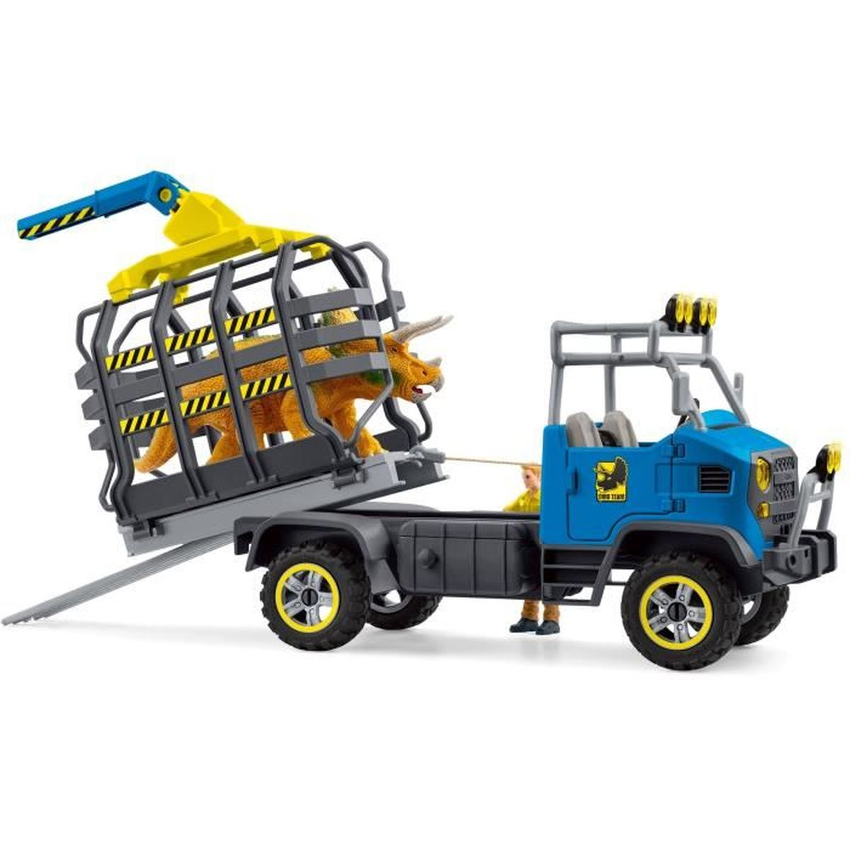 A toy truck transports a dinosaur in a cage. The truck is blue, the cage is gray with yellow stripes, and the dinosaur is orange.
