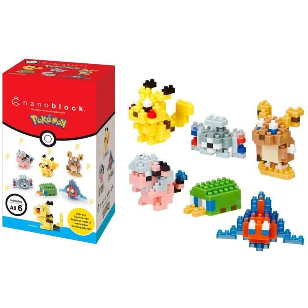 Ein Box-Set mit Nanoblock-Pokémon-Figuren. Enthält Pikachu, andere Pokémon und eine Box mit den Logos von Nanoblock und Pokémon.