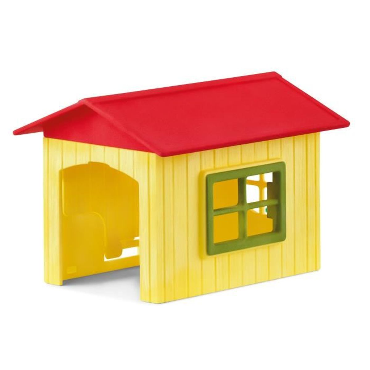 Ein gelbes Spielzeughaus mit rotem Dach, grünem Fensterrahmen und offenem Türrahmen. Das Haus steht auf weißem Hintergrund.
