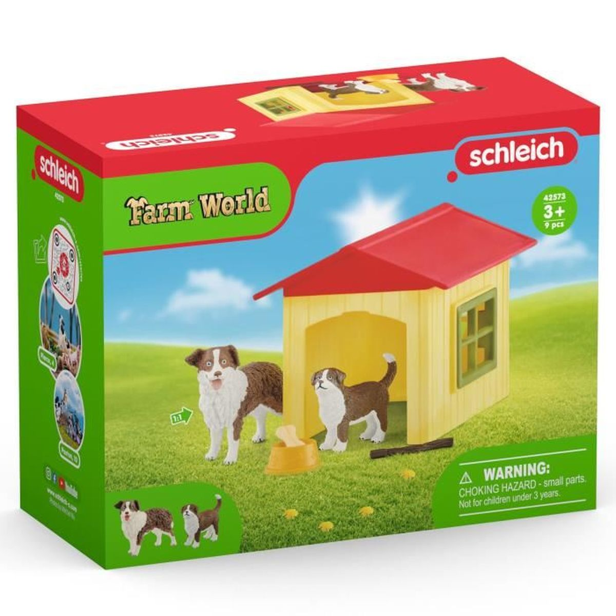Eine Spielzeugschachtel mit Hunden, einem gelben Haus und grünem Gras. Auf der Schachtel steht 'Farm World' und 'schleich'.