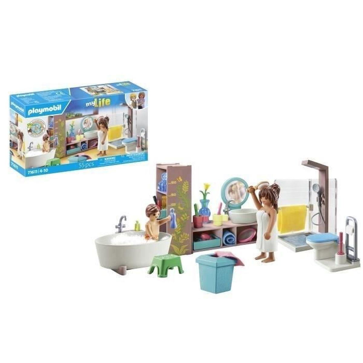 Ein Playmobil-Badezimmer-Set mit Figuren, Badewanne, Dusche, Waschbecken und Zubehör. Im Hintergrund ist eine Box, die das Set zeigt.