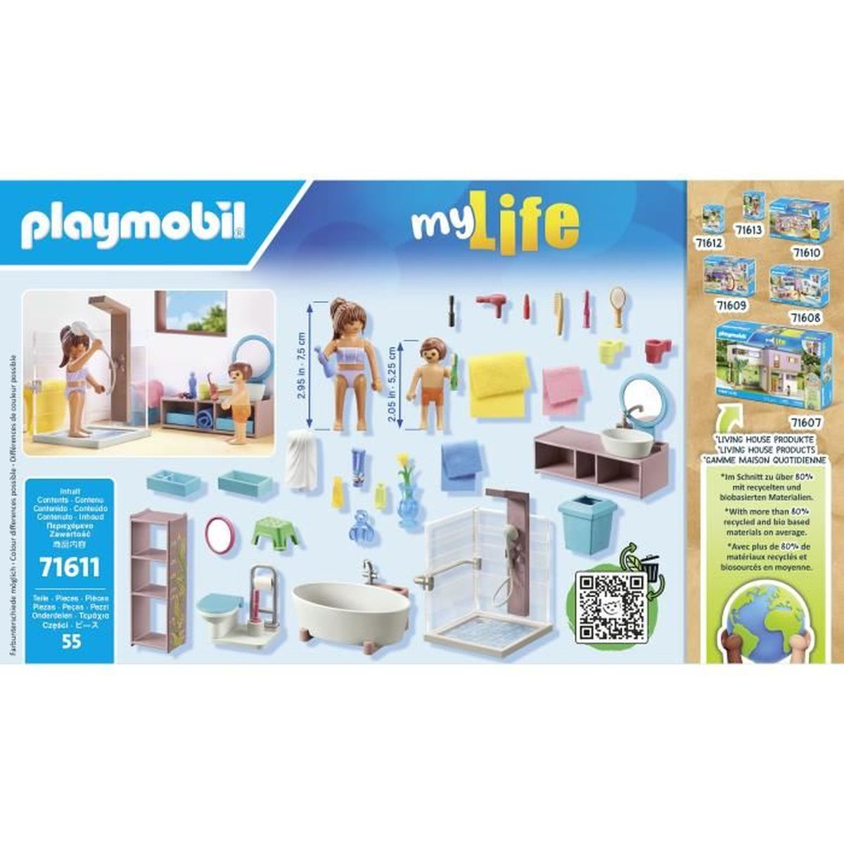 Playmobil My Life Set mit Badezimmer-Szene, Figuren, Dusche, Badewanne und Zubehör.