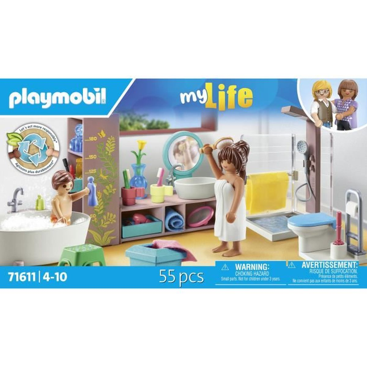Ein Playmobil-Badezimmer-Set. Enthält eine Badewanne, ein Waschbecken, eine Toilette, eine Dusche und eine Figur in einem Handtuch. Zubehör vorhanden.