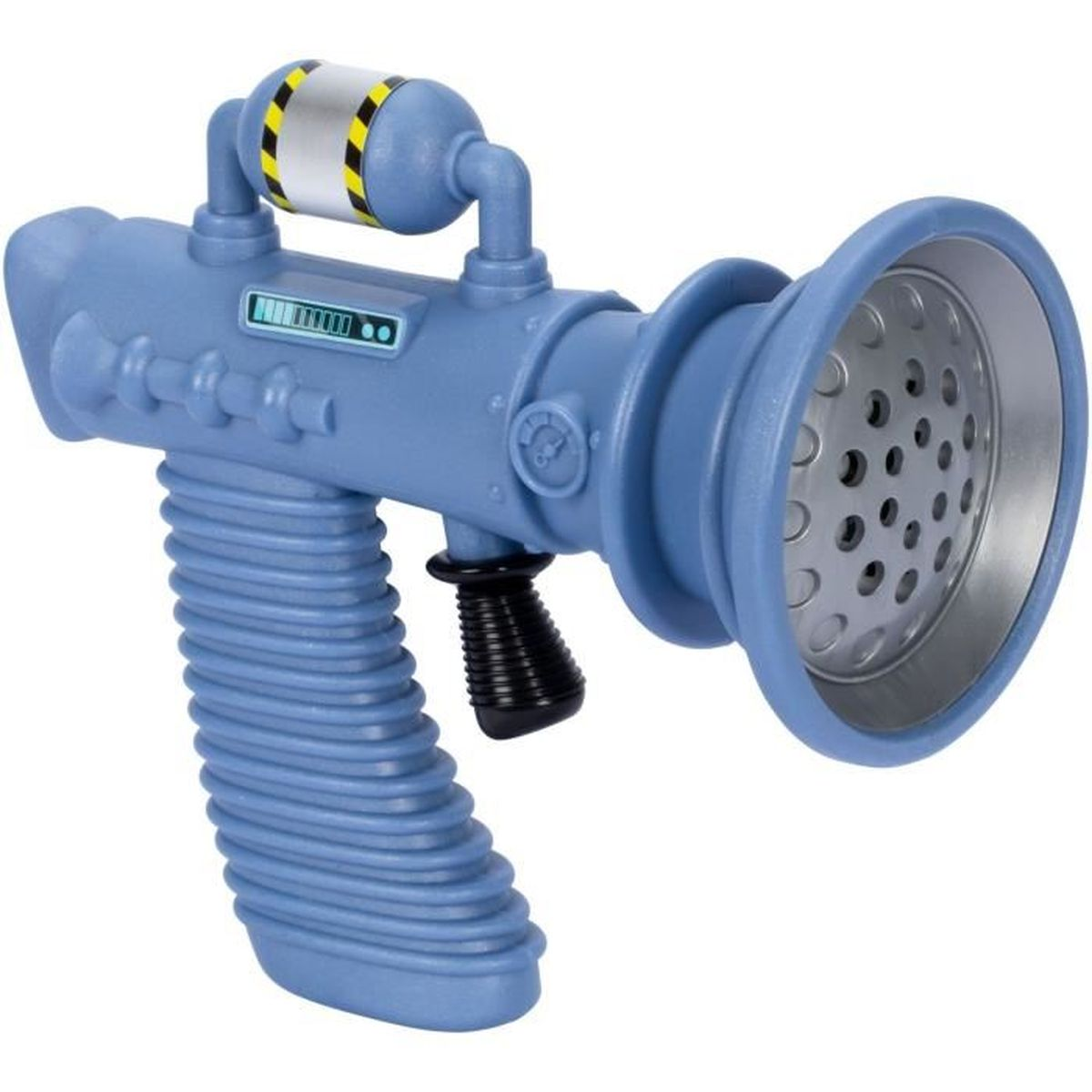 Eine blaue Spielzeug-Laserpistole mit geripptem Griff, schwarzem Abzug und einem silber-gelb gestreiften Zylinder. Sie hat einen großen Konus.