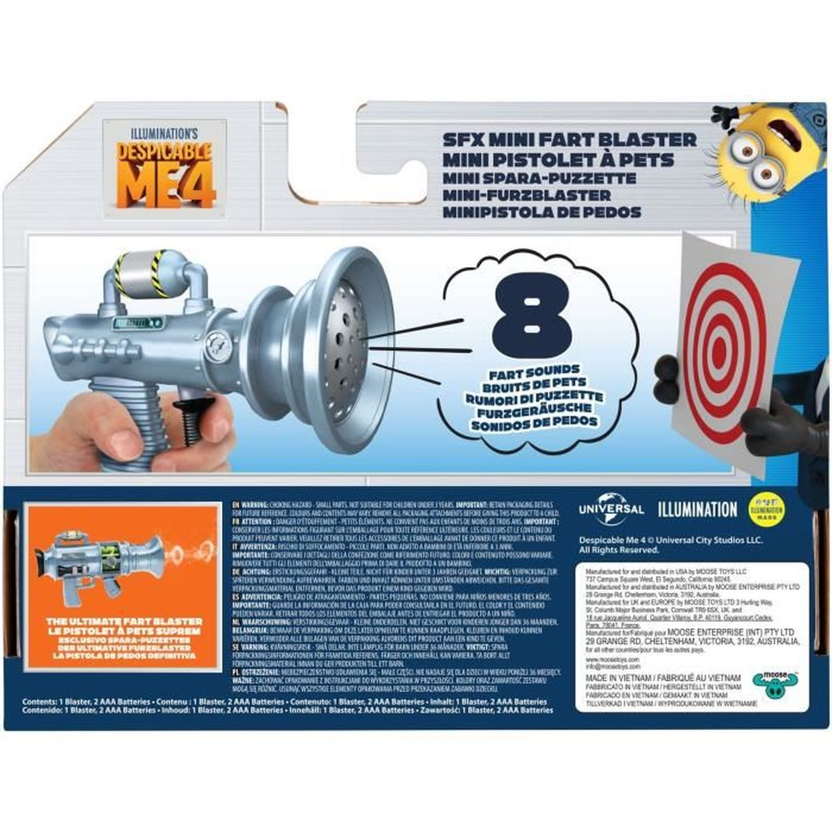 Spielzeugpistolenverpackung, grauer Blaster, Zielübung, Despicable Me 4 Logo.