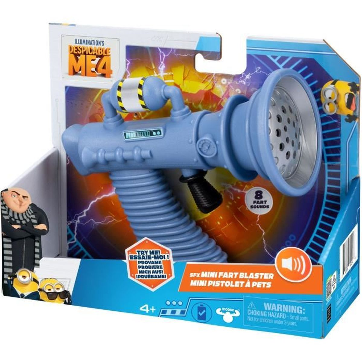 Eine blaue Spielzeugpistole, 'SFX Mini Furz Blaster', ist mit Gru und Minions verpackt. Die Box enthält ein 'Despicable Me 4' Logo und Warnhinweise.