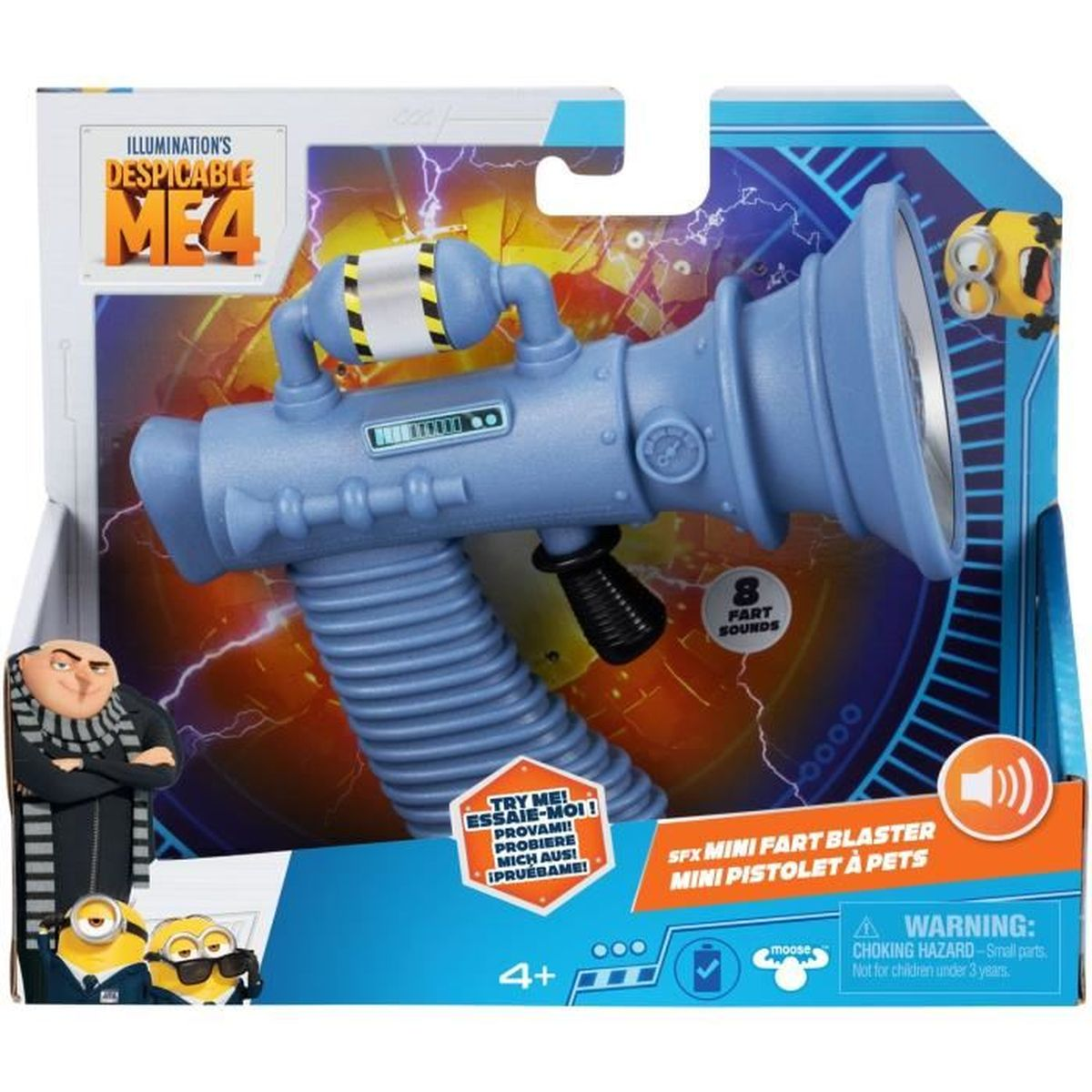 Spielzeugpistole in einer Verpackung mit Despicable Me 4-Branding. Es ist ein blauer Furzblaster. Gru und Minions sind auf der Verpackung abgebildet.