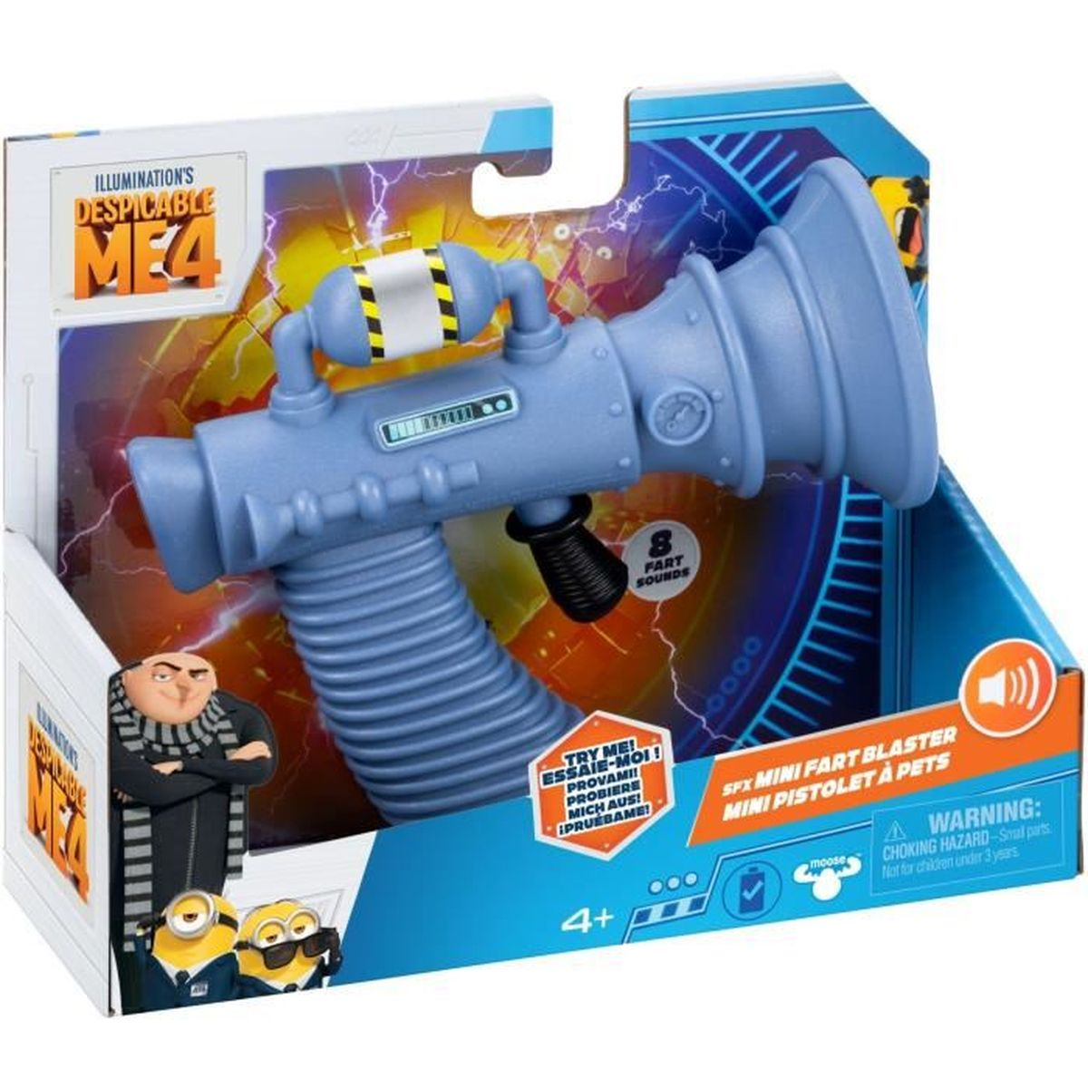Blaue Spielzeugpistole, 'SFX Mini Fart Blaster' von Despicable Me 4, in einer Box. Die Box zeigt Gru und Minions.