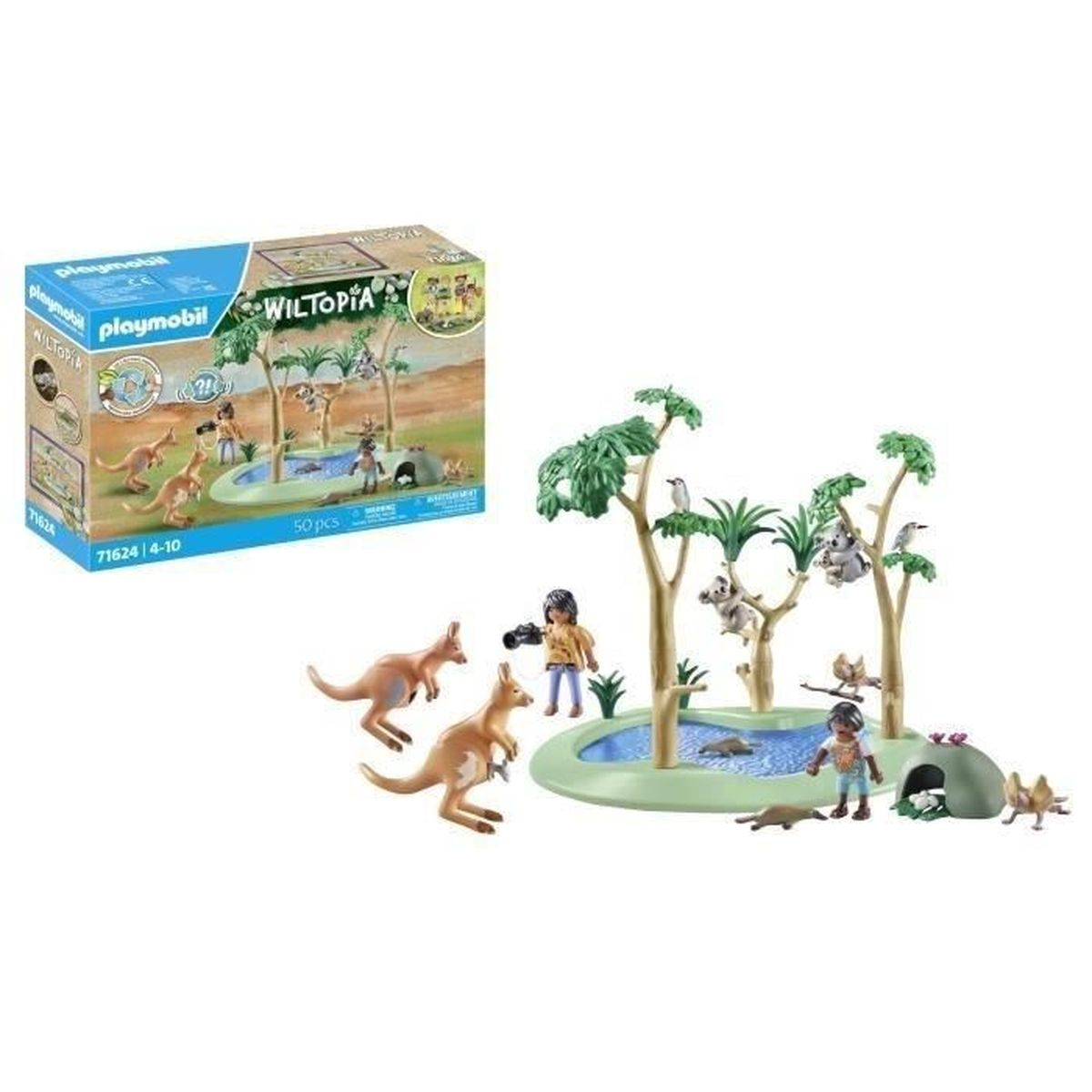 Set Playmobil Wiltopia con canguri, koala, alberi, personaggi e uno stagno. C'è una scatola sul lato sinistro.