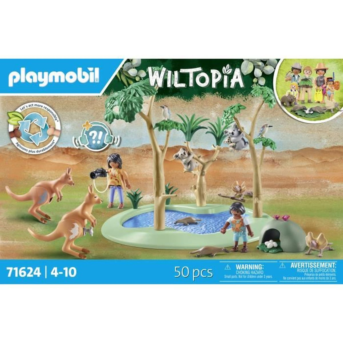 Set Playmobil Wiltopia con canguri, koala, bambini e uno stagno. Sono visibili anche alberi e una piccola grotta.
