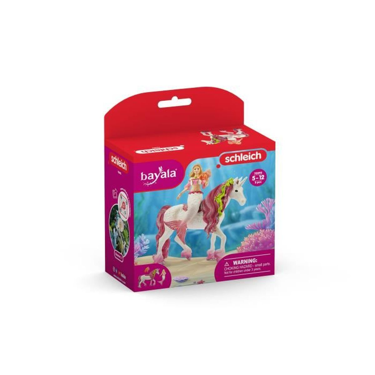 Eine Spielzeugkiste zeigt eine Meerjungfrau, die ein Einhorn reitet. Die Kiste ist rot und rosa mit dem Markennamen 'Schleich bayala'.
